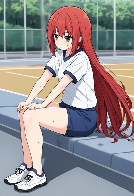 1gril, red hair, brown eyes, short hair, very long hair, school gym uniform, blue shorts, white shirt, sneakers, sweating, outdoors, after workout