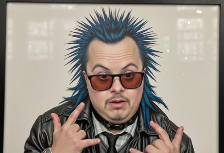 A reverse glass painting of a clothed punk rocker with Down syndrome accidentally sending a text meant for a partner to a boss.