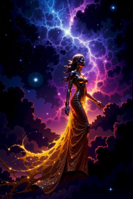 <lora:DGLO_style_v.7:0.75> DGLO style.  A majestic figure emerges from a luminous nebula, her presence exuding power and grace as if she were the queen of the cosmos. Her gown, crafted from shimmering stardust, glows with deep blues and purples, with trails of fiery orange and pink streaming behind her like a cometâs tail. Her hair, weightless and alive, flows like liquid light, entwined with tiny stars that sparkle with radiant energy. The nebula around her swirls with intense colors, forming the shapes of galaxies in motion. Her profile is illuminated by the soft glow of a nearby star, her face serene yet commanding. She is both ethereal and otherworldly, a celestial being who bridges the divide between mortals and the universe's infinite mysteries.