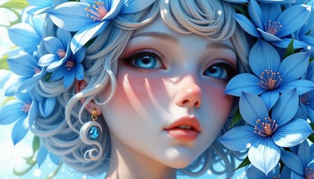 Create a 3d style digital art close-up of a beautiful woman whose face is partially adorned with a vivid array of blue flowers. Their features are delicately defined, with light hair that fades into soft pastel shades of blue and green, creating an ethereal atmosphere. One of their eyes, a strikingly vibrant blue, reflects intricate gemstone-like patterns, radiating an otherworldly glow. The flowers, blooming in shades of blue with hints of pink and white, seem to emerge organically from their skin, as if they are part of the character. The background remains minimal and light, allowing the focus to remain on the fusion of the character's delicate features with the surreal botanical elements. Emphasize the textures of both skin and petals, capturing the interplay of light and shadow for a detailed, dreamlike effect.

Visual Aesthetics to Enhance Photorealism:
Slight lens flare to suggest natural light.
Veined, realistic leaf textures.
High-resolution details on flower pollen.
Accurate depiction of skin’s micro-textures.

With a thoughtful gaze and head tilted back slightly, flowers cascading over the brow and temple.
