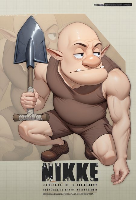 masterpiece, best quality, newest, absurdres, highres, 1boy, <lora:NikkeProfile_illusXLNoobAI_Incrs_v2:1> NikkeProfile, full body, checkered background, zoom layer, copyright name, character name, english text, logo, on one knee, looking to the side, holding shovel, <lora:DampeLoZ-illu:1> dampe, bald, big nose, pointy ears, black eyes, teeth, brown shirt, sleeveless shirt, brown shorts, shoes, brown footwear
