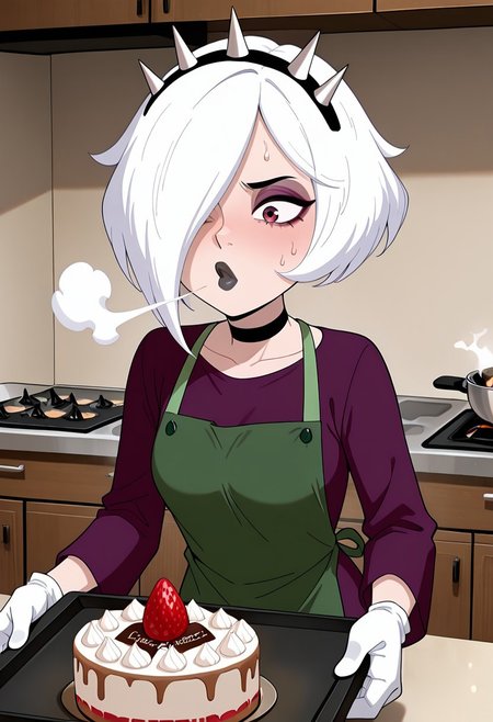 ((screencap, cartoon)) , masterpiece, best quality, amazing quality, very aesthetic, absurdres, newest,
charmreb, 1girl, white hair, short hair, spiked hairband, black choker, makeup, hair over one eye, eyeshadow, black lips, solo, 
apron, green apron, over mits, oven gloves, cooking, over tray, cake, sweating, blowing steam, heavy sweating