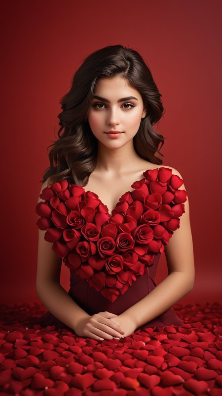 yamer_passione, red background, petals, heart, still life, heart background, full body, rose, flower, beautiful photo of a 22 years old italian girl, <lora:Passione:1>