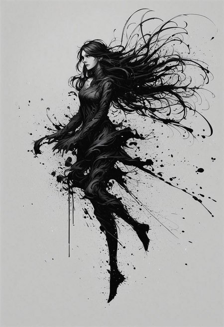 score_9, score_8_up, score_7_up, score_6_up, ink splats, monochrome, 1girl, long hair, wind