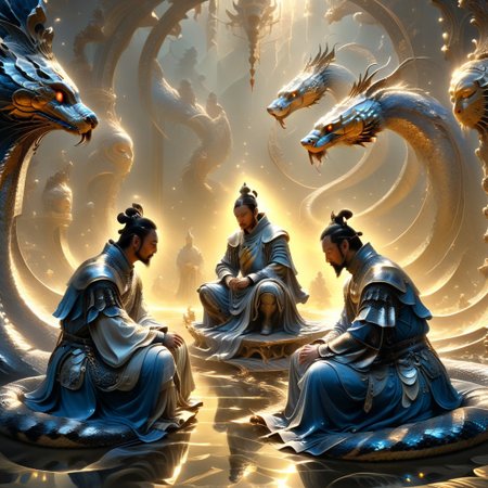 Sinoink, ral-frctlgmtry,  A knight on bent knee accepting a quest from the royal family, the family sits on shining golden thrones, torchlight reflections can be seen on the floors