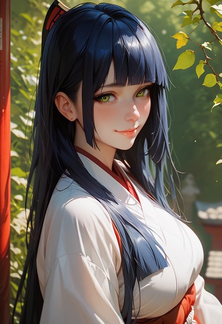 score_9, score_8_up, score_7_up, score_6_up, score_5_up, score_4_up,  1girl, (score_9, score_8_up:1.1), long straight hair, (dark blue hair), blunt bangs, (green eyes), voluptuous, pale skin, shy smile ,  miko outfit  Japanese shrine