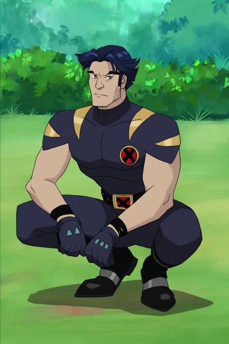 masterpiece, best quality, highres, newest, logan, xevosuit, 1boy, solo, male focus, mature male, short hair, dark blue hair, brown eyes, thick eyebrows, facial hair, stubble, sideburns, bodysuit, dark blue bodysuit, short sleeves, dark blue gloves, black belt, pants, black footwear, muscular, looking at viewer, squatting, full body, outdoors, nature, bush <lora:Wolverine (Logan) X-Men Evolution (Second Suit) v1.1 [LoRA] - NoobAI-XL EPS 1.0:0.8>