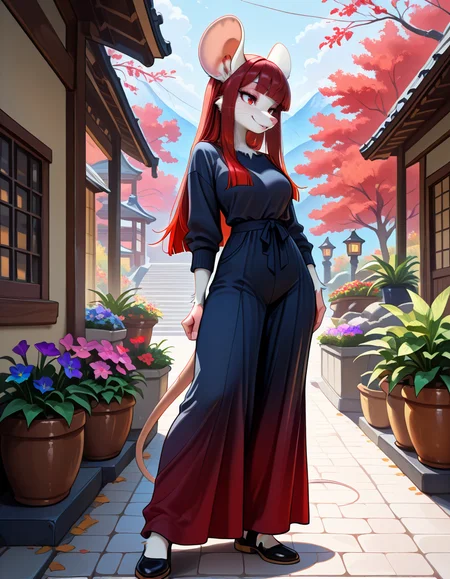 masterpiece, best quality, very aesthetic, absurdres,
outdoors,
full body,  standing, posing, casual, 
seductive smile, parted lips, long eyelashes,
<lora:Aniya_v01_NAIXL:1>
Aniya, 1girl, solo, furry, furry female, mouse girl, long hair, red hair, gradient hair, straight hair, blunt bangs, sidelocks, red eyes, long snout, animal nose, whiskers, body fur, white fur,