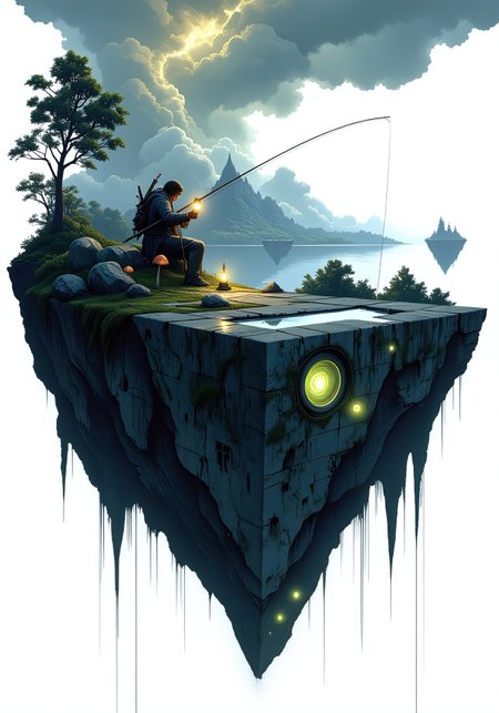 A fantasy concept art illustration of a lone fisherman sitting on the edge of a floating rock formation, casting his fishing line down into the white void below. The rock is covered in patches of moss and small glowing mushrooms, giving it a mystical appearance. A few ancient ruins with engraved symbols are scattered on the rock, hinting at a forgotten past. The fisherman wears a weathered cloak, and his lantern glows softly, illuminating the misty surroundings. The sky above is filled with swirling clouds and distant floating islands, adding to the dreamlike atmosphere. The entire composition is designed in a cutout style, with the white background making it appear as though the fisherman is sitting at the edge of reality itself.