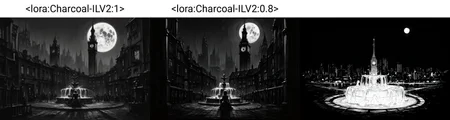 very awa, masterpiece, best quality, highres, absurdres, charcoalPaint, greyscale,  outdoors, cityscape, clock tower, night, full moon, fountain, skyline,  <lora:Charcoal-ILV2:1> , <lora:NOOB_vp1_detailer_by_volnovik_v1:1>