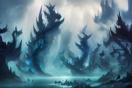 A beautiful fantasy forest landscape with mythical creatures and a lorelai in a sea. The atmosphere is mystic and mysterious. The mystical forest is with fog and a big white fenrir. FanLan, Fanfo