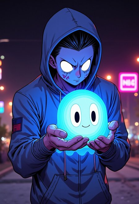 nistyle, A gritty Manga Sketch Showing an translucent transparent spectral cute Ghost, amazing Details, high Quality and hyperdetailed, volumetric lighting, holding a civitaiLogo in his hands