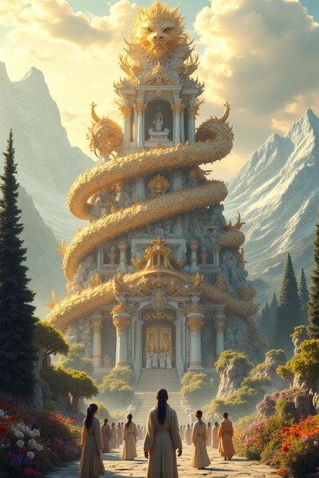 aidmamj6.1 A towering marble temple entwined by a colossal, iridescent, serpent with intricate golden scales glimmering in sunlight. The temple features ornate columns and grand carvings, crowned by a celestial dragon's head with piercing eyes. A vast, lush garden surrounds the structure, blooming with colorful flowers and tall evergreens. A gathering of robed figures stands in awe at the temple's grand entrance. Majestic snow-capped mountains form a serene backdrop under a dramatic sky with soft, golden clouds. The scene conveys a sense of mystical reverence and grandeur. Ultra-detailed, cinematic, dynamic composition with vibrant color harmony and epic lighting. hyper-realistic, cinematic lighting, ornate details, and mythical epic scene, octane render, unreal engine render, ultra hd, 4k, real life.