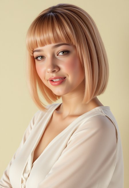 She is approximately 18 years old. Hyperrealism, she is looking at the camera, (dynamic angles), profile headshots of a beautiful, stunning unique female character. she has blonde hair. her eyes are filled with joy and excitement, extravagant eyelashes, a photo of Stephani3_LT, a woman wearing a white frilly shirt. The woman is posing confidently. simple cream colored background. She has a slight smile on her face and is looking directly at the camera. making this image a masterpiece of photography and digital art. realistic. making this image a masterpiece of photography and digital art. Style: realistic hyper-detailed rendering, 32k UHD, expressive eyes, punk, graphic design, girl's face, pretty and cute, gleaming lips, telling a tale of adventure. Exuding confidence and serenity. The overall mood of the image is happy and relaxed,detailed skin texture,(blush:0.2),(goosebumps:0.3),subsurface scattering,whimsical,Detailed hand, Perfect hand. Perfection style.