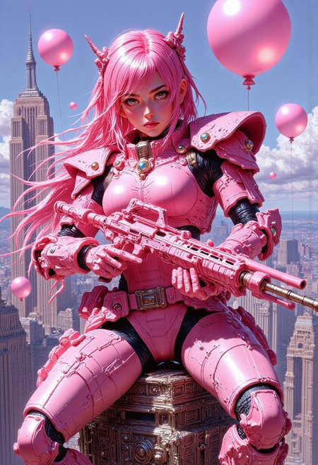 The image features a pink-haired, anime-inspired female woman dressed in futuristic, high-tech pink armor. Her armor is predominantly pink with metallic details, including shin guards, knee pads, and a chest plate, giving her a bold, commanding appearance. She is holding a large, rifle with intricate details and pink accents, suggesting a combat-ready posture. She sits on top of a building, with the New York city skyline visible in the background, showcasing iconic skyscrapers such as the Empire State Building.
The image has a dynamic composition, with the subject framed slightly to the side, her gaze directed towards the viewer. Floating around her are pink balloons, adding a surreal, dream-like quality to the scene. The vibrant pink hues contrast with the backdrop of the city and the bright blue sky, creating a striking visual effect. The character’s long, flowing pink hair further enhances the scene's fantastical and energetic feel.
The overall theme blends futuristic technology with playful, almost whimsical elements, suggesting a powerful yet light-hearted aesthetic. The setting on top of a skyscraper with a wide cityscape implies both a sense of power and detachment from the world below.
Perfect hand. candy colors in the style of ckcf, cyberpunk,mythp0rt, detailed hands, candy colors in the style of ckcf