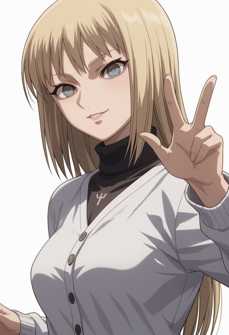score_9, score_8_up, score_7_up, source_anime, BREAK white background, 1girl, solo, upper body,  <lora:DX888Clare:1>clare,  turtleneck sweater,  grey eyes, medium breasts, (cardigan:1.2), v pose, light smile,  anime screencap, long hair,