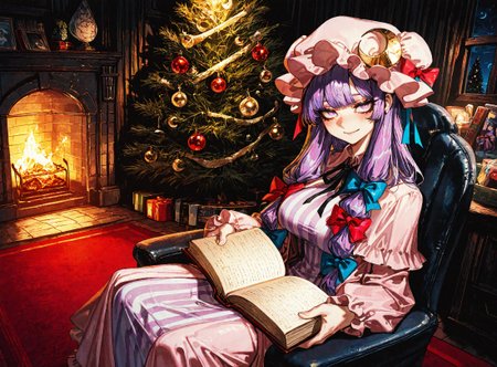 1girl,patchouli_knowledge ,blush ,book, bow, breasts, chair ,crescent, crescent_hat_ornament ,dress ,hair_bow ,hat ,hat_ornament ,holding ,holding_book, indoors ,long_hair ,looking_at_viewer, mob_cap, numbered ,open_book ,purple_eyes ,purple_hair, reading, ribbon ,sitting, smile, solo,
chrlib, scenery, indoors, living room, night, oven, christmas tree, christmas ornaments, red carpet,
, Fishine,ireading ,noya_makoto ,quasarcake, retro_artstyle, retro,looking_at_viewer ,
masterpiece, best quality, amazing quality, very aesthetic, absurdres,  newest, <lora:ponyv5_noobE11_1_adamW:0.6>, <lora:add-detail-xl:0.5>, <lora:cfg_scale_boost:0.5>, <lora:retro_scifi_artstyle:0.6>, <lora:USNR STYLE_XL_loha:0.6>, <lora:Christmas living room:0.6>