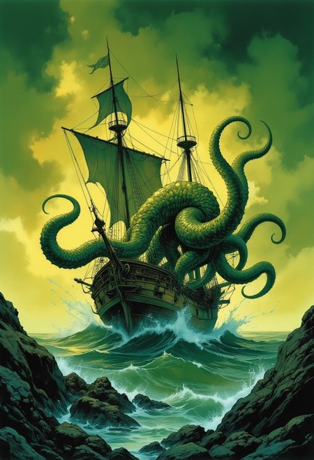 Comic book style 8k high quality digital painting , masterpiece, very detailed, ultra realistic, (best quality) very detailed epic masterpiece, a sailing ship on a stormy ocean is being attacked by a giant kraken emerging from the water, tentacles winding around the ship, big waves, dramatic dark green yellow sky, action, scary, best quality, epic scene,  Dungeons and dragons atmosphere, heroic fantasy, fna_style, Comic book style