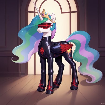 zPDXL, source_anime, 1girl, solo, BREAK
pony celestia, feral pony, expressionless, 
red visor, glowing visor, latex bodysuit,
indoors, full body,
 <lora:evil-visor-ot3-1200:0.6>