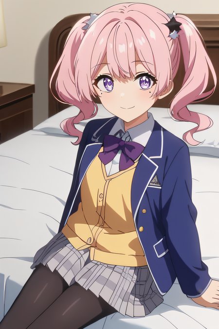 score_9, score_8_up, score_7_up, source_anime, rating_safe, intricate details, anime screencap, official style, 1girl, <lora:Suzuki_Momo:1>, suzukimomo, pink hair, purple eyes, twintails, white star, black star, mole under eye, white shirt, purple bowtie, collared shirt, yellow vest, blue blazer, long sleeves, sleeves past wrist, grey skirt, pleated skirt, plaid skirt, black pantyhose, looking at viewer, smile, indoor, sitting on bed, arms at sides, cowboy shot