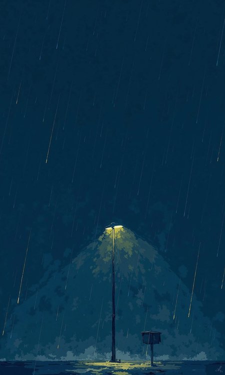 A stylized illustration of a rainy night. 
The background is a deep indigo-blue, filled with a texture representing rain streaks that fall diagonally down the image. These streaks give a sense of motion and depth.
A single, simple streetlamp stands in the middle-ground. 
The lamp's design is simple, with a light-yellow glow emanating from the lamphead. Its structure, appearing as a dark-blue metal pole, extends from the base to the lamphead. The pole is cylindrical and not explicitly detailed beyond its basic shape.
The overall impression is one of a quiet, peaceful night scene where rain is falling heavily. The color palette and the soft light of the lamp create a gentle mood.
<lora:FLUX-daubrez-DB4RZ-v2:1> DB4RZ, DB4RZ style painting