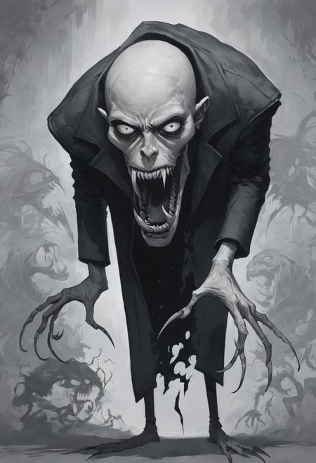 score_9, score_8_up, score_7_up, nosferatu, (monochrome), weaving shadows, long shadows, long nails, (creepy corridor), long sharp fangs, long coat, ((shadows)), black weaving trails, bald, intricate details, tall, imposing, sneaking, (Chiaroscuro), (lean agains doorway)