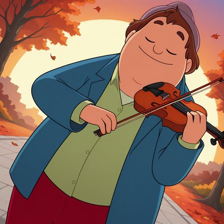 colorful, vibrant, very aesthetic,
masterpiece, best quality, detailed background, absurdres, high quality, 
<lora:birdie-v1-000009:1> cp-birdie, 1boy, toon \(style\), solo,
, fedora hat, red pants, blue coat, upper body, playing_instrument, bow_(music), holding_violin, smile, dutch angle, dynamic light, sunset, green shirt, closed eyes, amazing_quality, highres, autumn, falling leaf