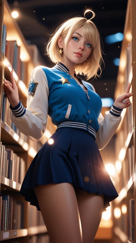 absurdres,highres,very aesthetic,ray_tracing, photorealistic, zPDXL3,
, a glamour photo, Wormâs eye view, focus on knees,
of girl, gold hair, star_shaped ahoge, light blue eyes, letterman jacket, half-skirt,
Snapping fingers, bookstore, ethereal lighting,
(sharp), (blurry background, blurry foreground, bokeh, dof, light particles)
