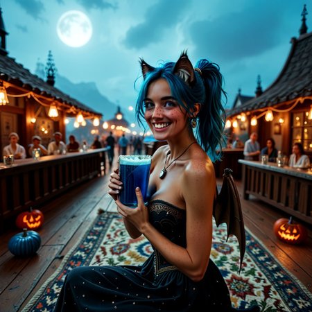 score_9, score_8_up, score_7_up, score_6_up, (cowboy shot), (side view:1.1), extreme detail, vivid colors, 1woman, expressive eyes, ponytail, blue hair, (large chest), (detailed intricate body), (blue pumpkins), ((freckles)), (grey eyes), (dark skin), (tanned), jewelry, (blue beer:1.3), (blue pumkins:1.3), cat ears, cat tail, shy smiling, happy, (wild party), crowd, (((flying))), kneeling, ((carpet floating above ground)), (bats:1.4), Nighttime, moon rays, random angle, tavern, [skyrimlandscapes], style skyrim, misaki \(doaxvv\), (halloween), ((magic carpet))