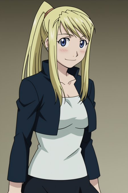 score_9, score_8_up, score_7_up, source anime, prefect lighting, very aesthetic, BREAK, anime coloring, anime screencap,
âââ <lora:winry_rockbell_v1-pdv6:1>, 1girl, winry rockbell, fullmetal alchemist, blue eyes, blonde hair, ponytail, 
winout, black skirt, shirt, cropped jacket, 
BREAK, looking at viewer, light smile, blush, 
BREAK,