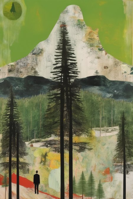 <lora:Peter Doig Style:1>Peter Doig Style - a pine tree Mountain collage of peter doig