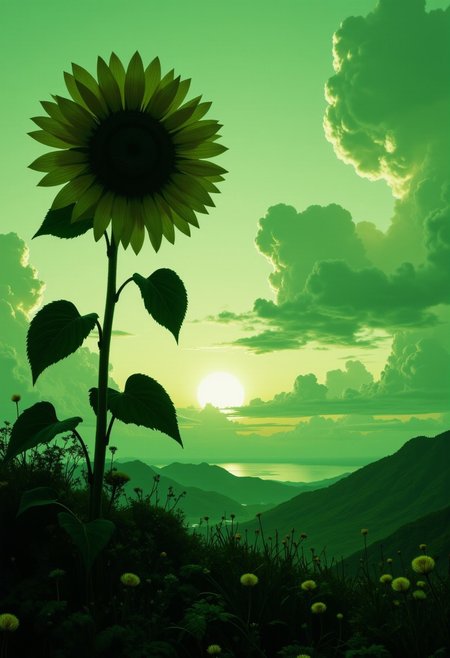 artilands02,  a monochromatic Landscape scenery, high resolution and very detailed moody anime image with a moody sunset behind billowing clouds, daylight, sunlit, a large Neon orange 3d sunflower is growing amidst a Green flower meadow