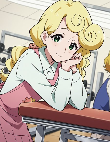 score_9, score_8_up, score_7_up, source_anime, <lora:kaori-hanase-s1-ponyxl-lora-nochekaiser:1>, kaoru hanase, long hair, blonde hair, hair over shoulder, green eyes, curly hair, otoko no ko,, apron, shirt, collared shirt, long sleeves, pink apron, denims, pants,, gym, weights, treadmill, mirrors, exercise, smile, sitting, head rest, table,, looking at viewer, solo,, dutch angle, cowboy shot