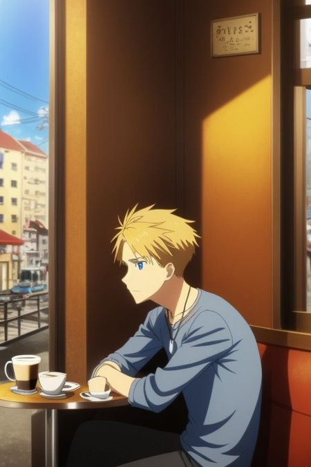 high resolution, solo, best quality, 1Boy, Yamato Ishida, Blond Hair, Blue Eyes, Necklace, cafe, corner, sit, casual, coffee, waiting, wide mirror, outside view, OverallDetail