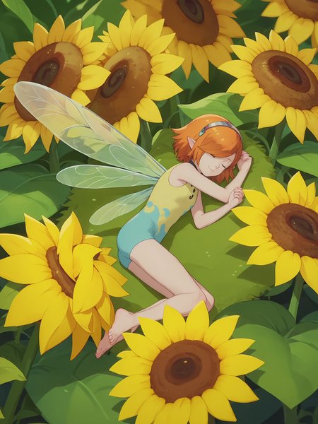 score_9, score_8_up, score_7_up, score_6_up, score_5_up, score_4_up, anime screencap,
1girl, gallica <lora:gallica_(metaphor)-PD-1.0:1>, 
minigirl, fairy, giant sunflower flower, sleeping on a sunflower, lying on a sunflower, on side, smile