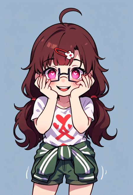 score_9, score_8_up, score_7_up, expressiveh, masterpiece, best quality, chibi, fca_style, girl standing, motion lines, 
1girl, kanamicasual, brown hair, long hair, twintails, hair ornament, glasses, t-shirt, clothes around waist, shorts, <lora:yandere-trance-ponyxl-lora-nochekaiser:1>, yandere trance, yandere, hands on own cheeks, hands on own face, crazy eyes, crazy smile, crazy, heart-shaped pupils, glowing eyes, symbol-shaped pupils, hand on own face, open mouth, glowing, blush, looking at viewer,
Facing viewer, blue background with red accent, full body, cowboy shot,simple background, source_anime, cute, chibi, kawaii, 2d color, simple color, simple shading, flat color, chibi body, chibi art style:1.1, fca_style, super deformer,