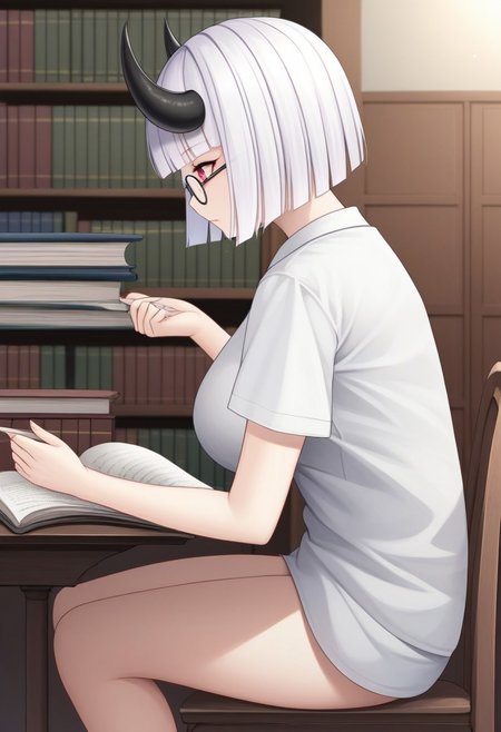 Masterpiece, High quality, anime style, solo, 1woman, single, Oc, adult, tall, perfect face, perfect eyes, perfect body, perfect arms, perfect hands, perfect hair,  
Demon girl, Human white color skin ((white skin)), short white hair ((short hair)) ((white Hair)), blunt bangs hair, hime cut bangs, blunt hime bangs, princess cut bangs, very Long Black demon ((very long black horns)) ((long curving black demon horns upwards)), Red eyes, Big round black Glasses Big breasts, big loose White shirt, short sleeves, thin Black Panty, No Pants. 
sitting on chair, Behind desk, side view, reading a book, Looking at book
Library Background