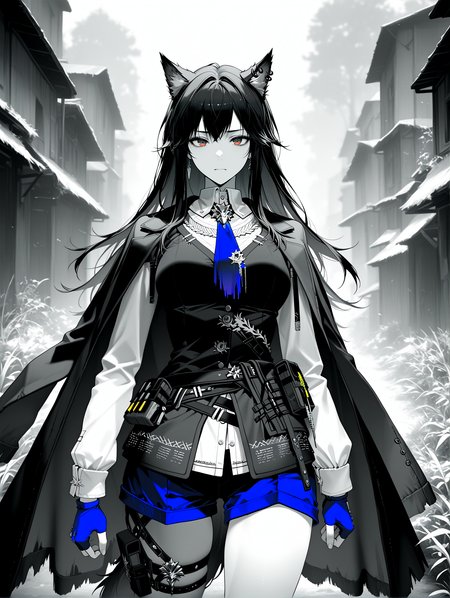 masterpiece, best quality, absurdres, amazing quality <lora:cfg_scale_boost:0.3> <lora:StS-Illustrious-Detail-Slider-v1.0:3> <lora:StS_Age_Slider_Illustrious_v1:3>,detailed_background,outdoors,pouch,black hair,absurdres,highres,animal ears,earrings,long sleeves,luuwruf,texas the omertosa \(arknights\),shorts,wolf ornament,jewelry,belt,1girl,solo,long hair,thigh strap,wolf girl,thigh belt,looking at viewer,greyscale,arknights,texas \(arknights\),monochrome,wolf ears