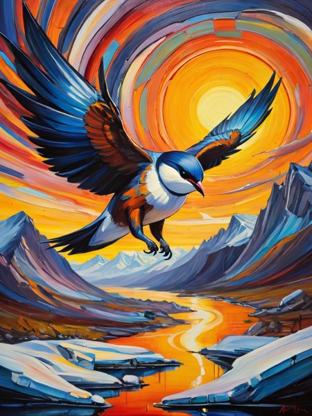 expressionist painting of arctic swallow putting out the dawn, made from with honey and winds, energetic brushwork, bold colors, abstract forms, expressive, emotional,  <lora:ral-varnish-sdxl:0.8> ral-varnish