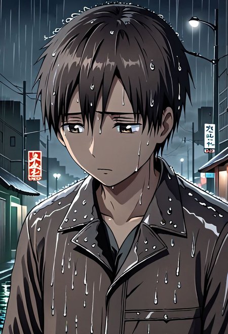 high resolution, solo, best quality, 1Boy, Takaki Toono, Brownish Hair, Brown Eyes, heavy rain, night, looking down, sad, leather jacket, looking away, wet, wet hair, OverallDetail