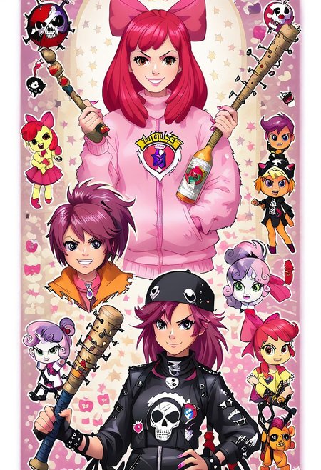 score_9, score_8_up, score_7_up, (cutie mark crusaders) applebloom, sweetie belle, scootaloo, 3 girls, trio, biker clothes, black bandana with skulls,  spiky hair on scootaloo, puple onesie blue and pink stipes, pink star tatoo, pink onesie green stripes, human 18yo, balck onsie on applebloom with white stars, applebloom holding black spiked baseball bat, holding a molotov cocktail, holding a electric whip, looking menacing, perfect face, perfect hands,
General
 thighhighs 1.2), very fuzzy, (detailed background),