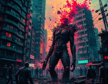 a post-apocalyptic cityscape under siege by a relentless zombie horde, where towering buildings with flickering neon lights reveal distorted reflections on shattered windows. The scene is dominated by a chaotic swirl of abstract glitches emanating from a central figureâa hulking zombie with jagged edges and pixelated textures. The background features a collapsing structure, its skeletal framework exposed, while the air crackles with static energy from nearby power lines.