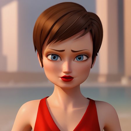 score_8_up, BREAK, 1girl, solo, RoxanneRitchi, brown hair, short hair, blue eyes, lipstick, red dress,  portrait, depth of field,  <lora:Roxanne_Ritchi_PXL_Leaf2:1>, 3d,