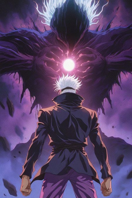 gojou satoru, white hair, purple pants, high collar, blindfold, covered eyes, black blindfold, purple jacket, purple pants, 1boy, solo, alone, monster, from behind, energy ball,  <lora:dark_fantasy_anime_illustriousXL:1>, dark_fantasy_style, dark fantasy, retro, masterpiece, highres