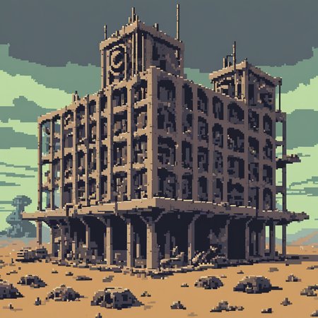 pixel-art pixelartlora . low-res, blocky, pixel art style, 8-bit graphics, pixelartlora,Fallout, Post-apocalyptic, desolate landscapes, retro-futuristic, ruined buildings, radiation, 1950s style, vaults, survival, intricate details, muted colors