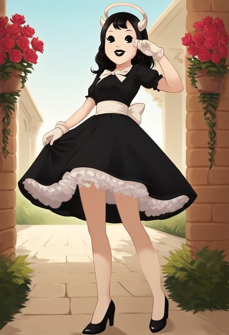 (Masterpiece, best quality:1.2), score_9, score_8_up, flat color, flat shading, soft shading, lighting, Alice Angel in a 1950's dress, a fluffy frilly ruffled full petticoat, and high heels, dress, layered petticoat, frilly petticoat, fluffy petticoat, full petticoat, wide dress, flowing dress, solid colored skirt, short sleeves, black hair, Bendy and The Ink Machine, series accurate, cute, best high quality, high res, black lips, white colored skin, whole body shot, 1girl, solo, outside, posing, in a garden, cute, adorable, smile, skirt tug, ground level angle, low upward angle, upskirt angle, schrödinger's pantsu, cartoon, cartoon style, vector, solo, circle dress, 1950s, alice angel