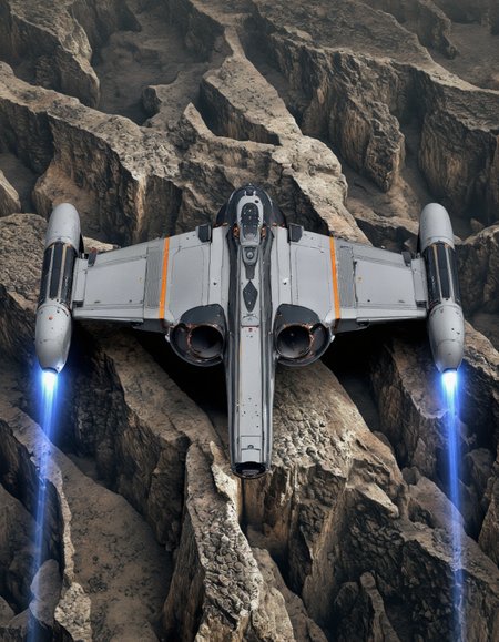 Art by Andrian Luchian. A 3d rendering shoot from a bird's eye view about a futuristic spaceship flying over a rocky terrain. the image also shows two blue streaks of light emanating from the spacecraft. on the center of the image, a small, futuristic spaceship with a sleek, metallic design and two large, circular engines on either side. The spacecraft has a grey and black color scheme with orange accents. it appears to be in mid-flight, with the spacecraft in the foreground and the rocky terrain in the background. the spacecraft is positioned in the center, with its wings spread wide, giving a sense of movement. the blue streaks appear to be emanating from either side of the spacecraft, adding a dynamic element to the image.