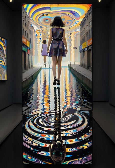lost painting by Gustav Klimt during his vibrant cathode ray tube static period. The painting depicts a young girl walking on a pond made of light at the center of a brutalist city, her head refracted by a prism into flowing static.
