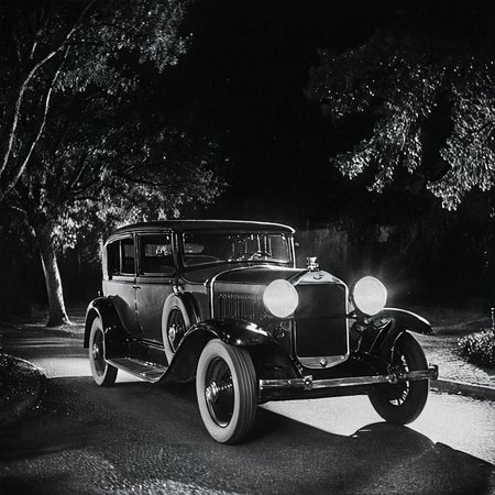 <lora:20s_Silent_MovieSDXL:1> ArsMovieStill, 20s Silent Movie Still, Black and White, The image is a black and white photograph of a vintage car at night. The car is a 1930s model with a curved roof and a large front grille. It is parked on a street at night with trees and bushes in the background. The photo is taken from a low angle looking up at the car from the side. The front of the car is illuminated by two large round headlights which are turned on and casting a warm glow on the surrounding area. The headlights are turned off creating a dappled effect on the car's body. The overall mood of the image is dark and mysterious., ground vehicle, motor vehicle, monochrome, car, greyscale, vehicle focus, night, no humans, outdoors, road