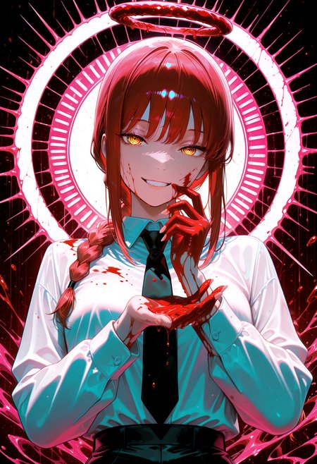 lazypos, official art, (beautiful and aesthetic: 1.3),
1girl, long hair, looking at viewer, smile, bangs, shirt, long sleeves, yellow eyes, upper body, braid, red hair, teeth, collared shirt, artist name, signature, fingernails, blood, halo, red background, braided ponytail, blood on face, blood on clothes, ringed eyes, blood on hands, makima \(chainsaw man\), (((neon theme))), dark theme, vivid color, masterpiece, best quality, amazing quality, very aesthetic, absurdres, depth of field,